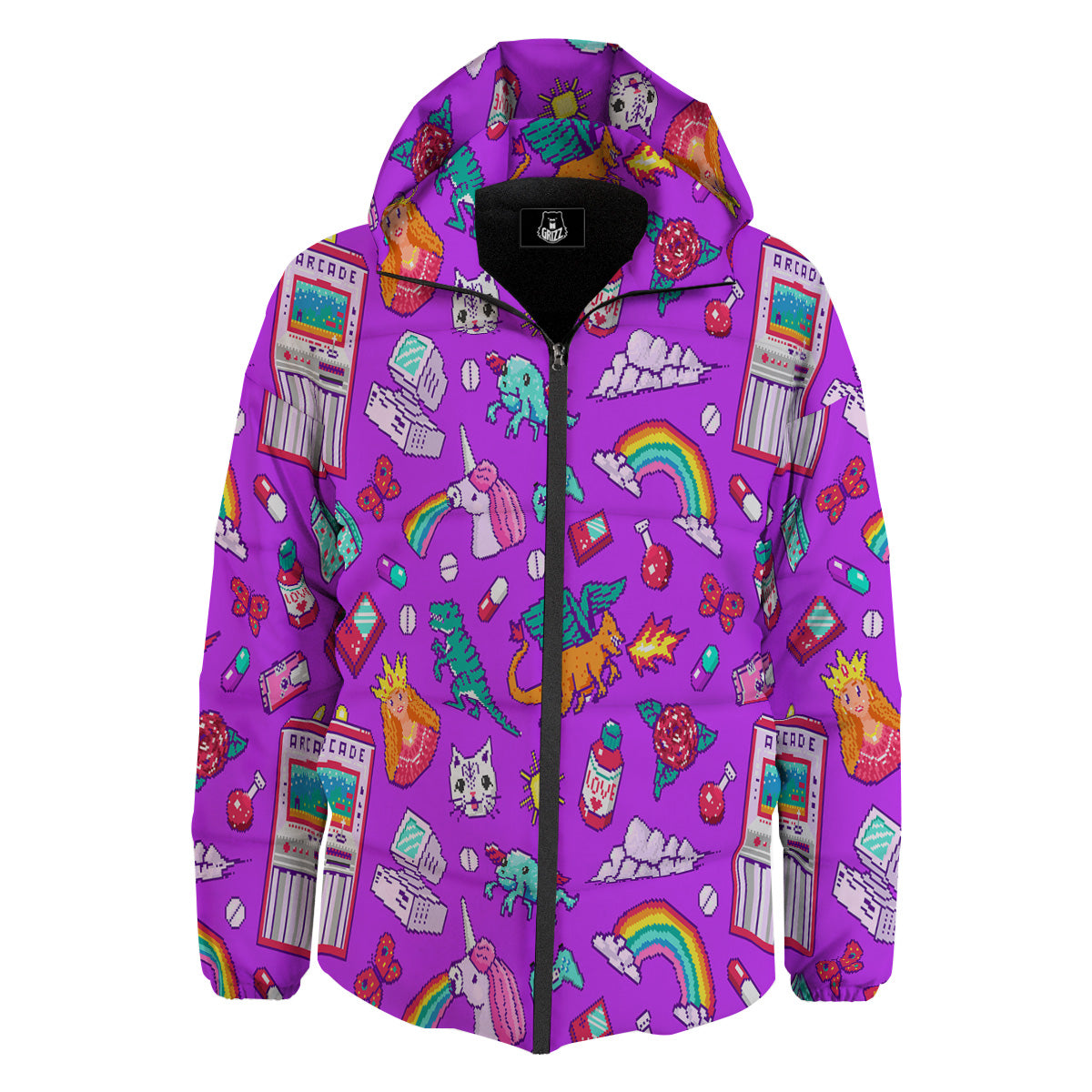 Pixel Art 8 Bit Pink Print Pattern Down Jacket-grizzshop