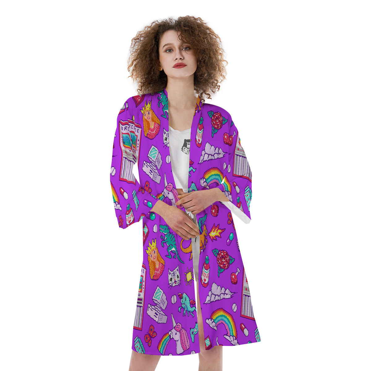 Pixel Art 8 Bit Pink Print Pattern Kimono-grizzshop