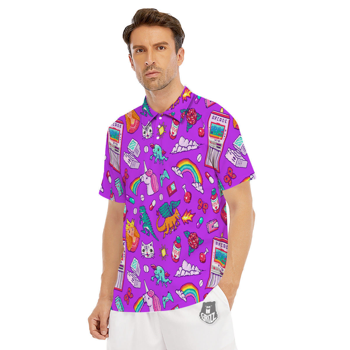 Pixel Art 8 Bit Pink Print Pattern Men's Golf Shirts-grizzshop
