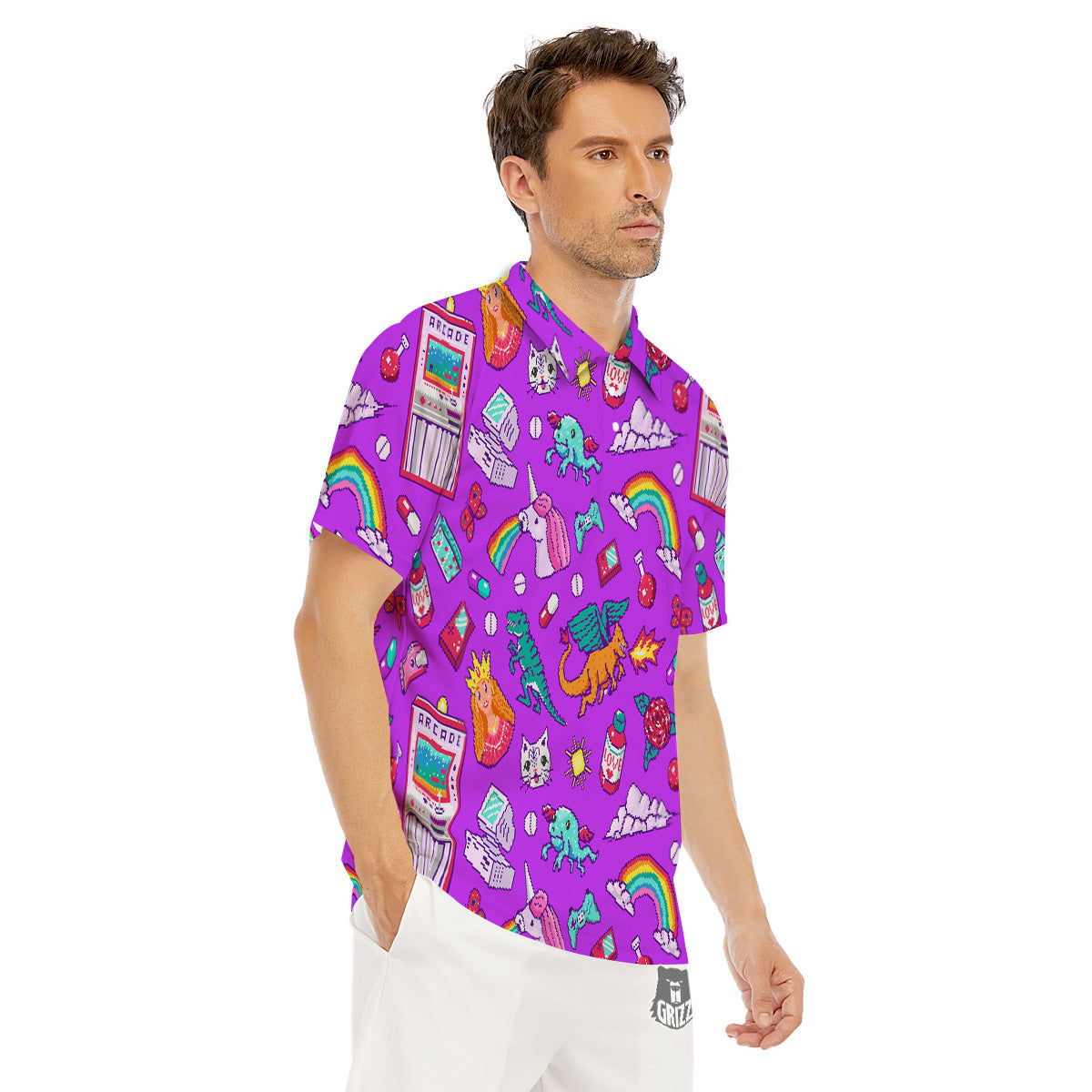 Pixel Art 8 Bit Pink Print Pattern Men's Golf Shirts-grizzshop