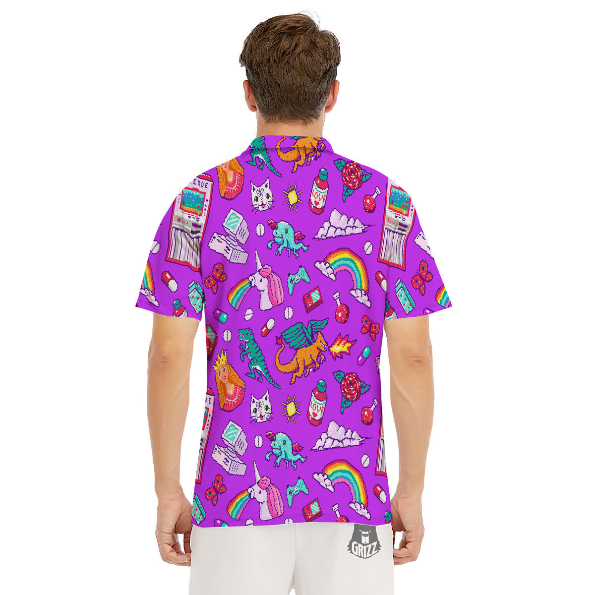 Pixel Art 8 Bit Pink Print Pattern Men's Golf Shirts-grizzshop