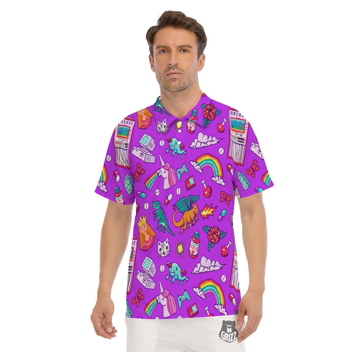 Pixel Art 8 Bit Pink Print Pattern Men's Golf Shirts-grizzshop