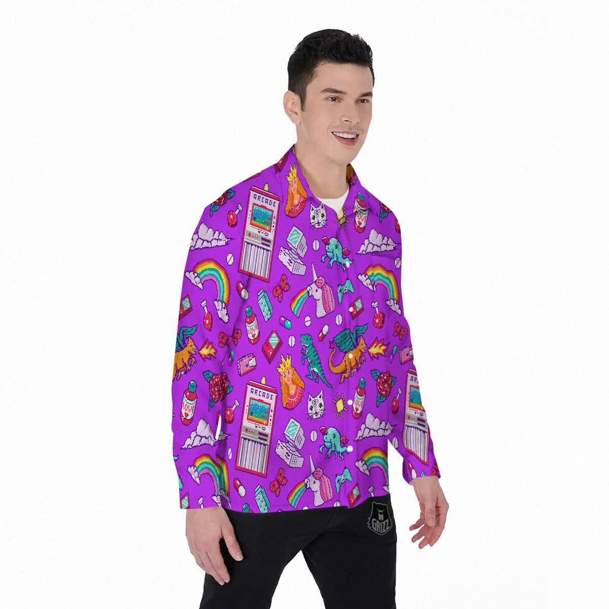 Pixel Art 8 Bit Pink Print Pattern Men's Long Sleeve Shirts-grizzshop