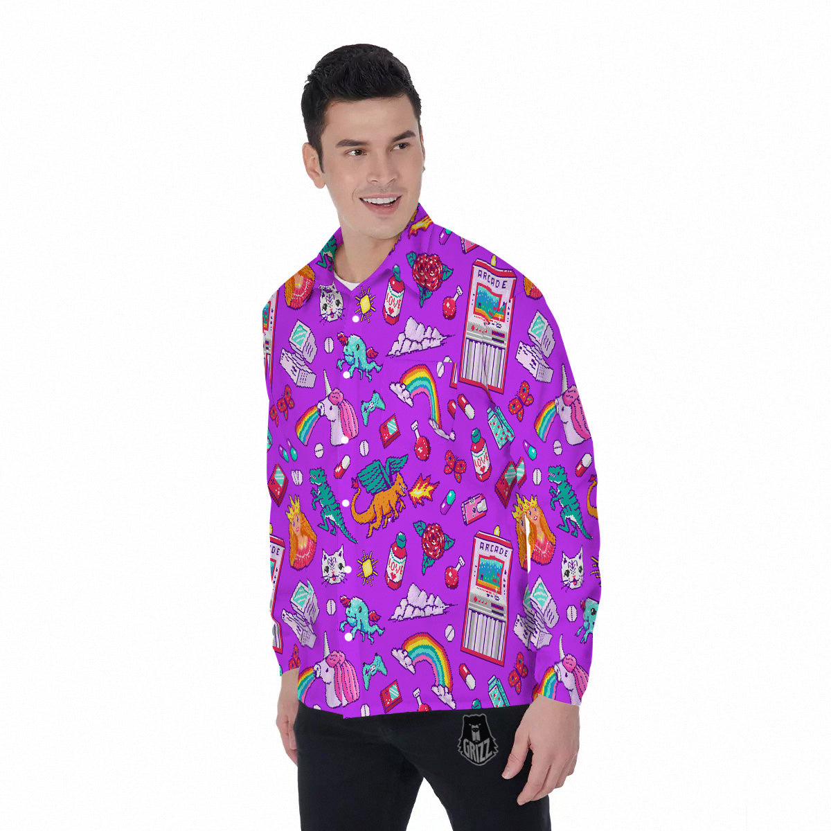 Pixel Art 8 Bit Pink Print Pattern Men's Long Sleeve Shirts-grizzshop