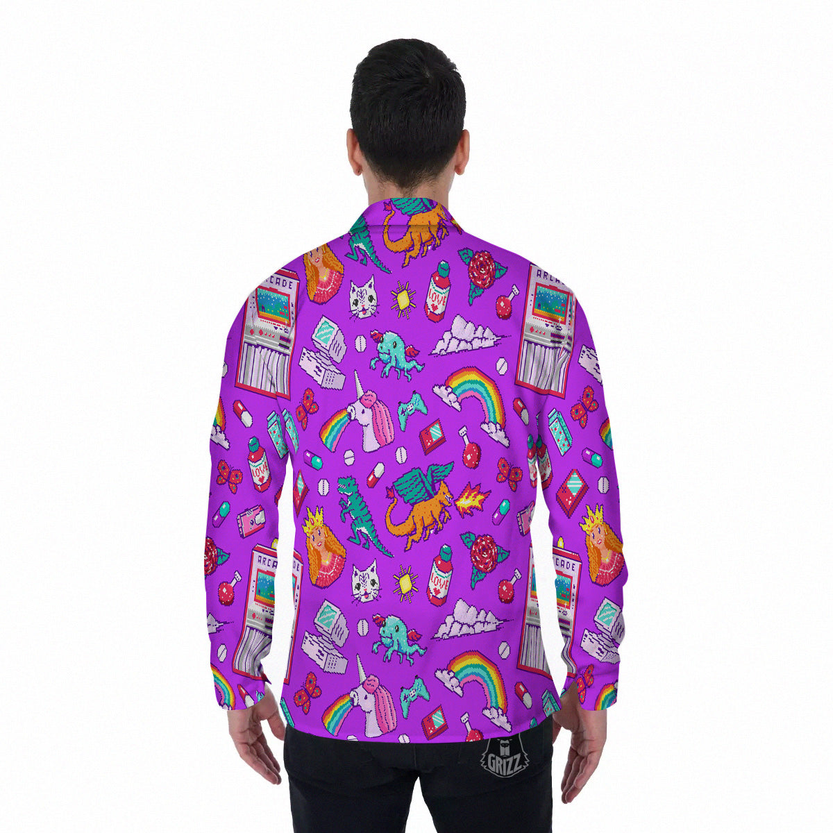 Pixel Art 8 Bit Pink Print Pattern Men's Long Sleeve Shirts-grizzshop