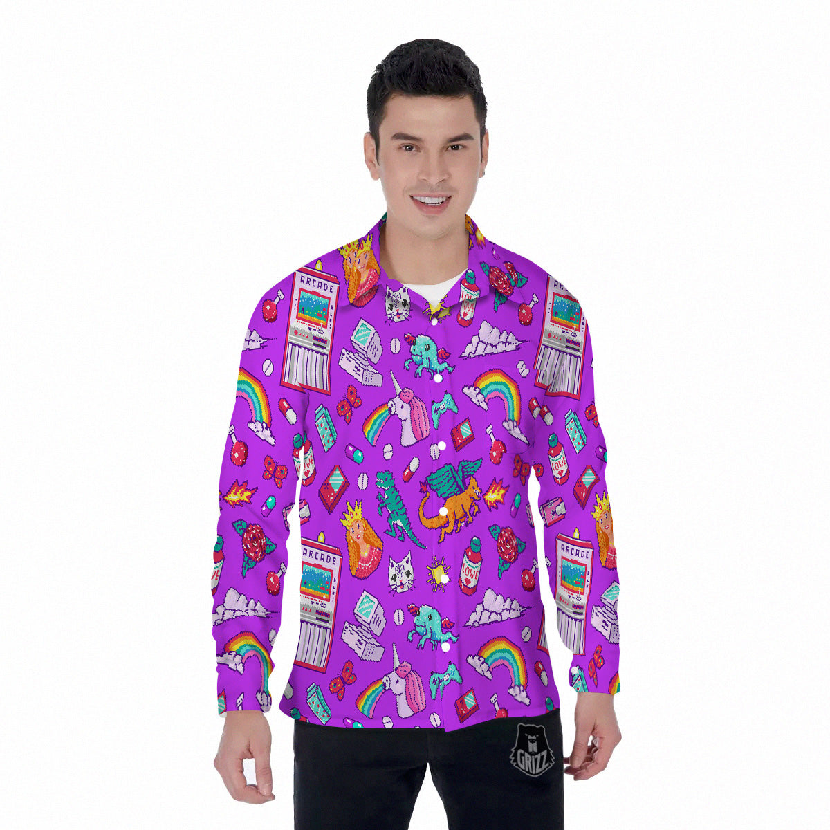 Pixel Art 8 Bit Pink Print Pattern Men's Long Sleeve Shirts-grizzshop