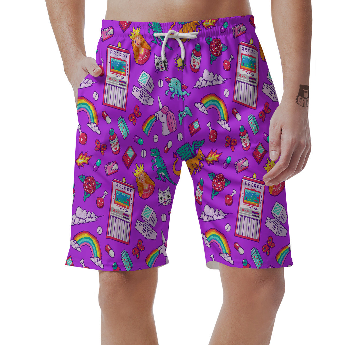 Pixel Art 8 Bit Pink Print Pattern Men's Shorts-grizzshop