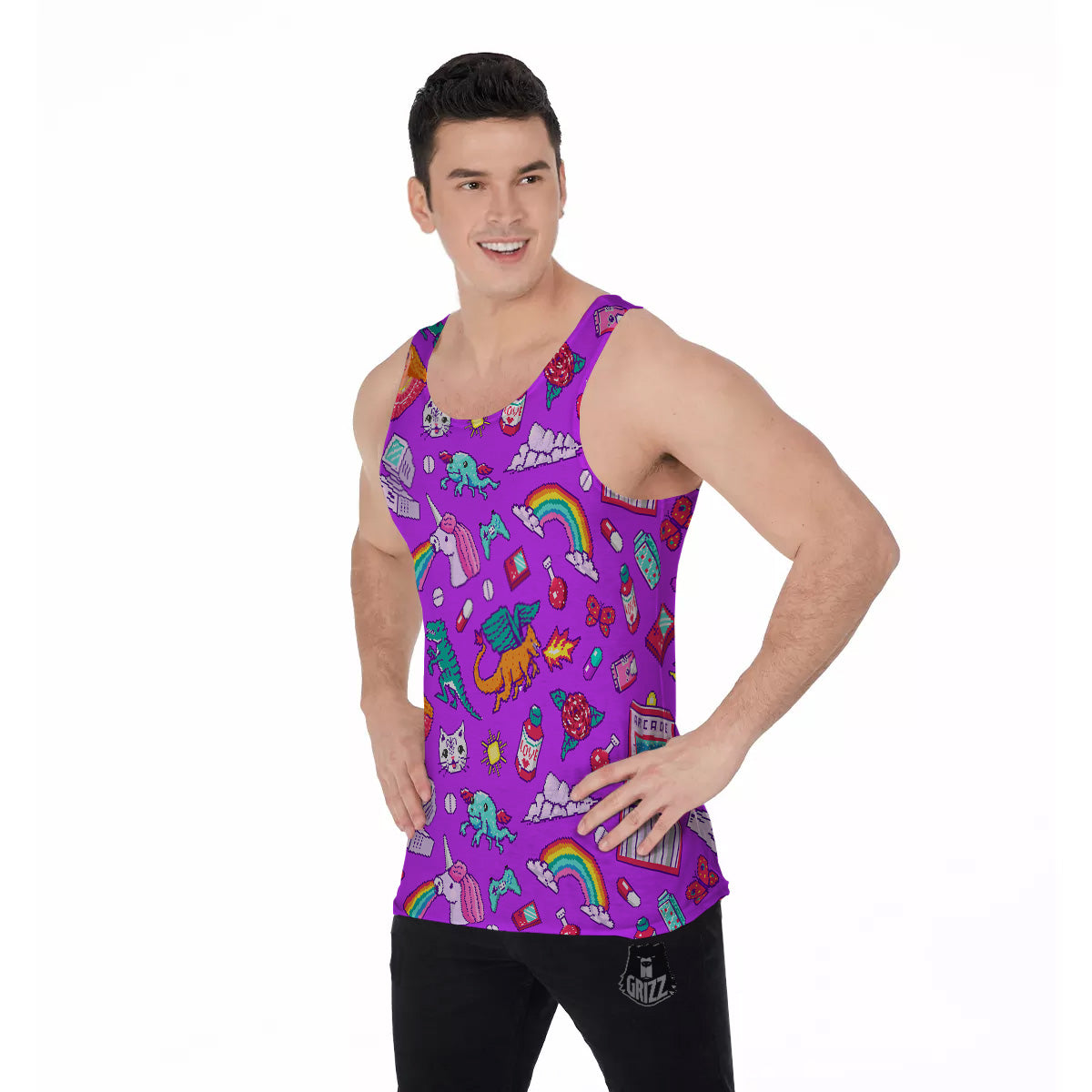 Pixel Art 8 Bit Pink Print Pattern Men's Tank Top-grizzshop