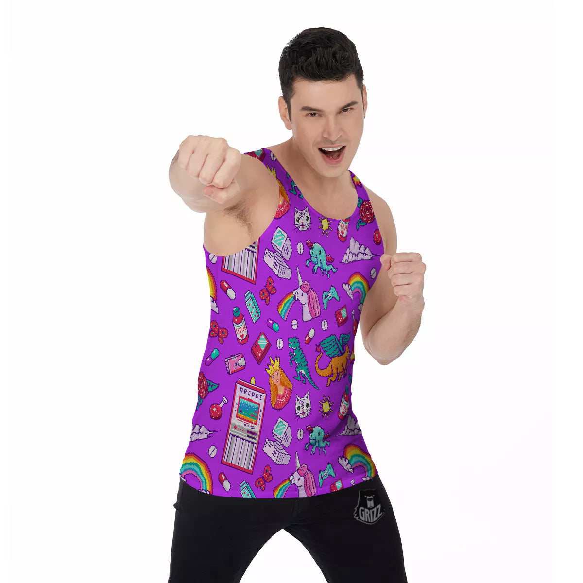 Pixel Art 8 Bit Pink Print Pattern Men's Tank Top-grizzshop