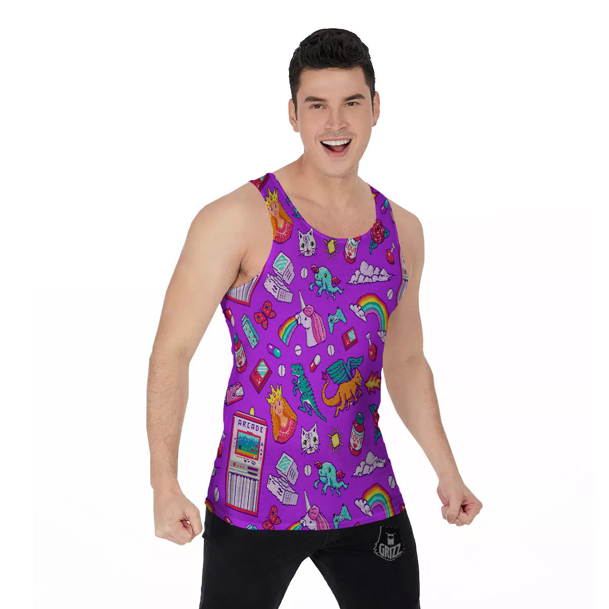 Pixel Art 8 Bit Pink Print Pattern Men's Tank Top-grizzshop