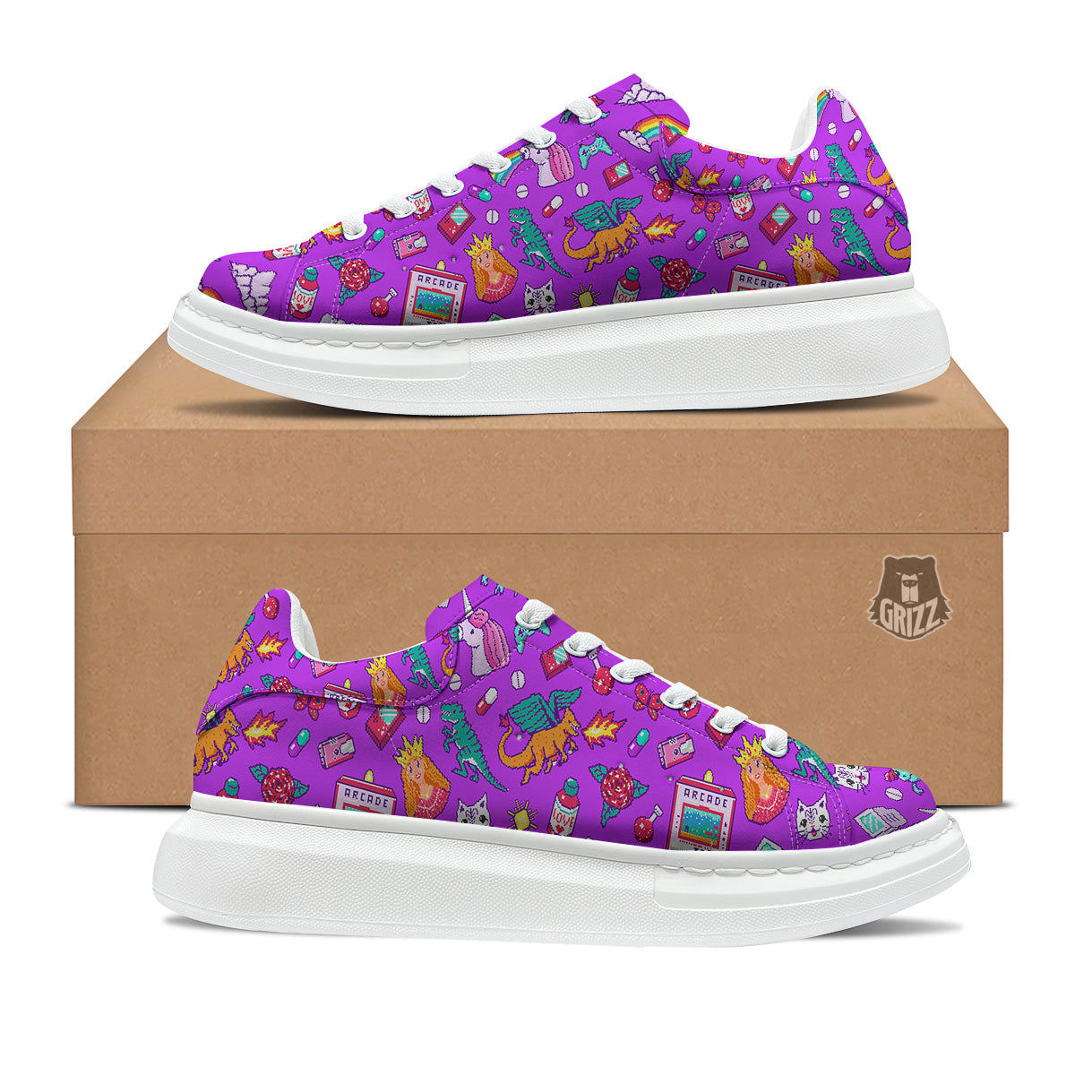 Pixel Art 8 Bit Pink Print Pattern Platform Shoes-grizzshop