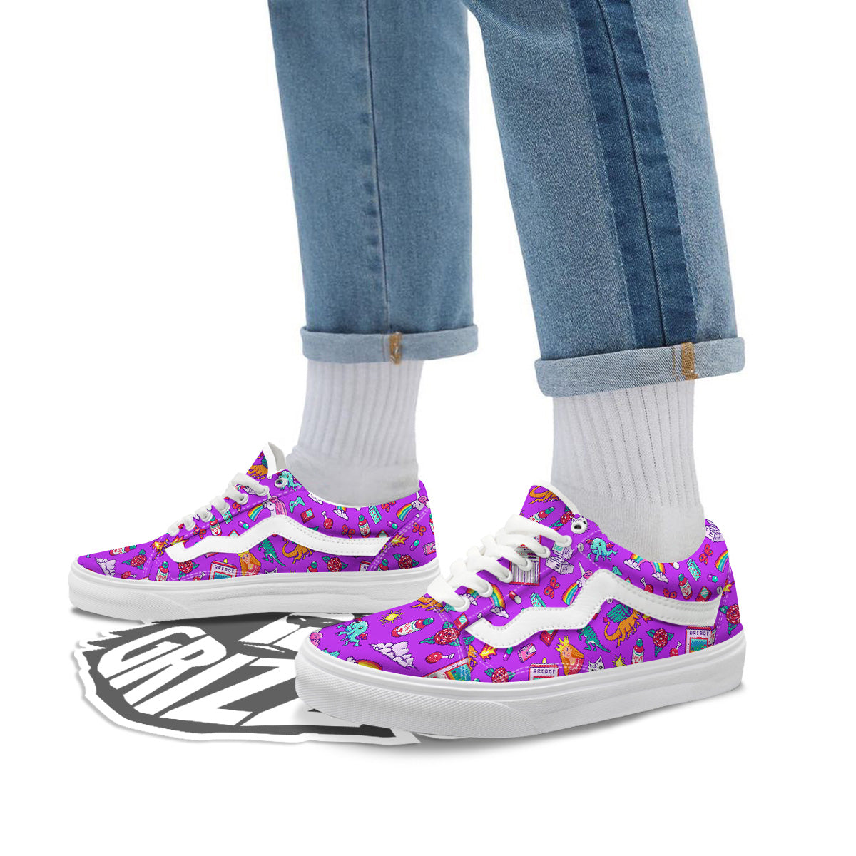 Pixel Art 8 Bit Pink Print Pattern Skate Shoes-grizzshop