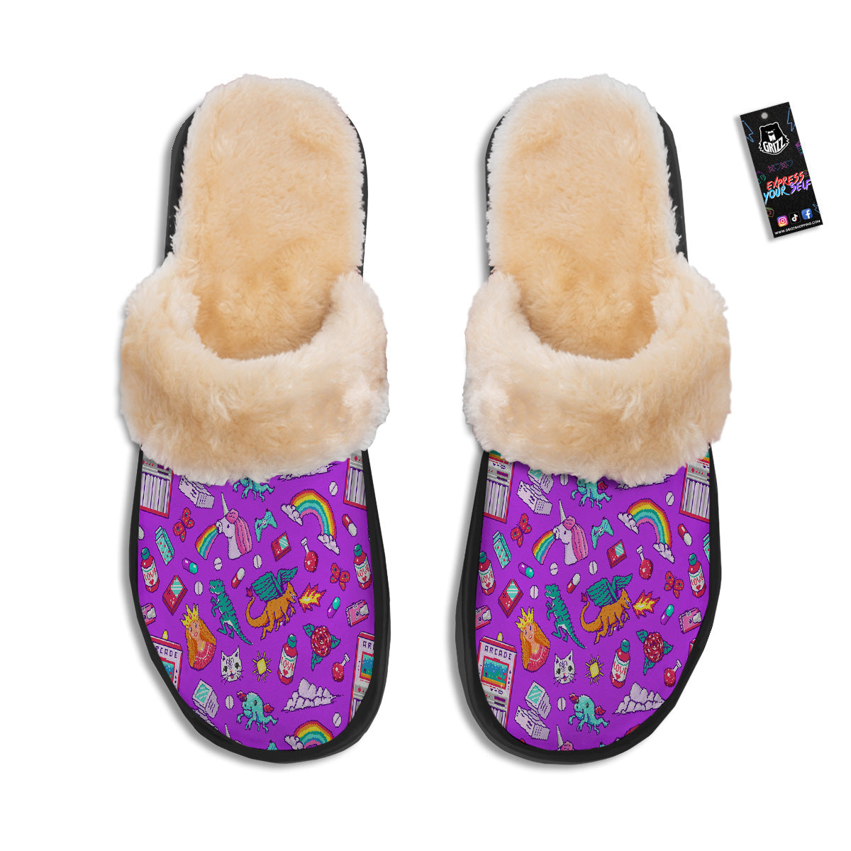 Pixel Art 8 Bit Pink Print Pattern Slippers-grizzshop