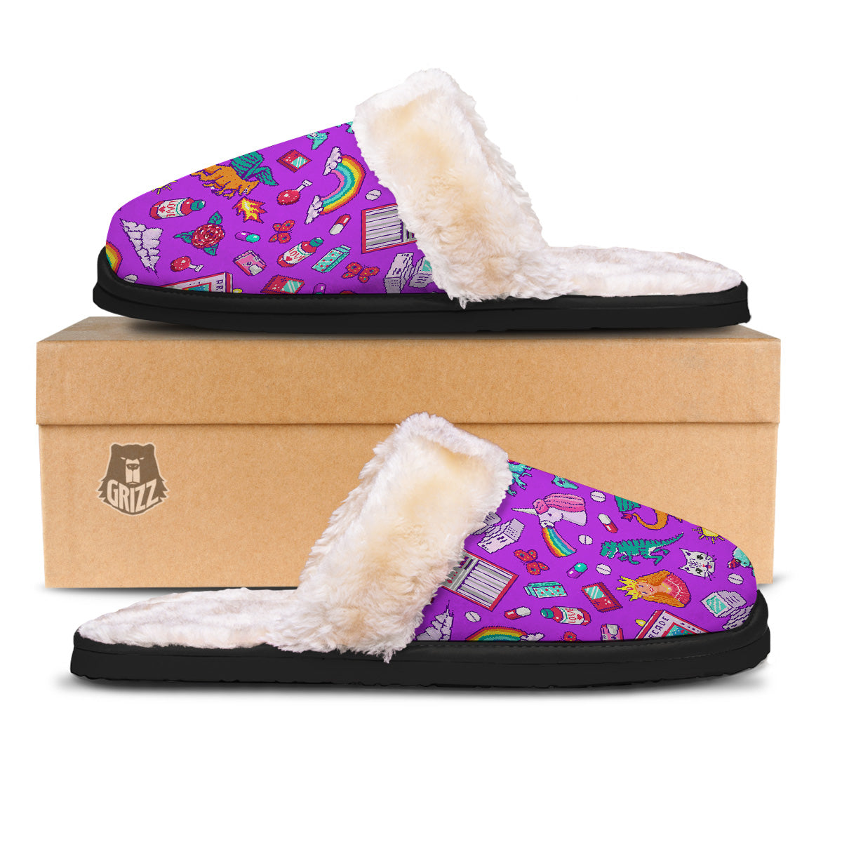Pixel Art 8 Bit Pink Print Pattern Slippers-grizzshop