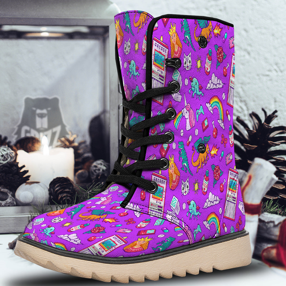 Pixel Art 8 Bit Pink Print Pattern Snow Boots-grizzshop
