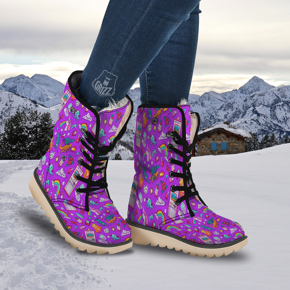 Pixel Art 8 Bit Pink Print Pattern Snow Boots-grizzshop