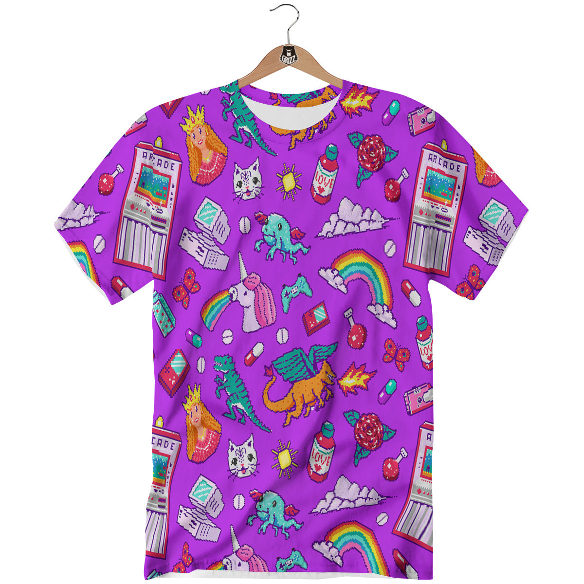 Pixel Art 8 Bit Pink Print Pattern T-Shirt-grizzshop