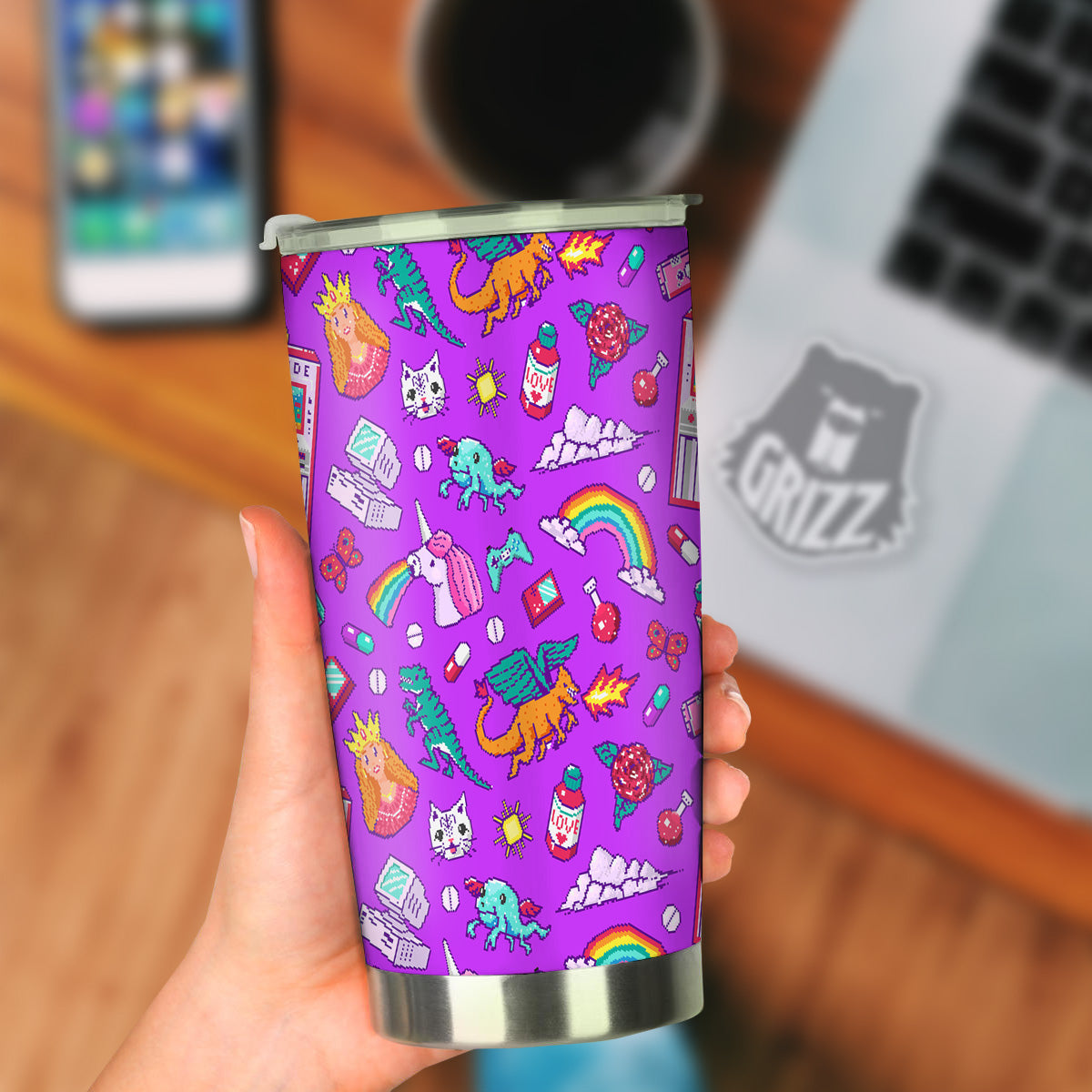 Pixel Art 8 Bit Pink Print Pattern Tumbler-grizzshop