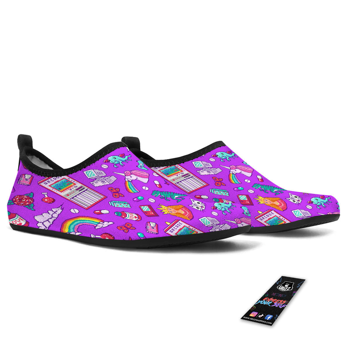 Pixel Art 8 Bit Pink Print Pattern Water Shoes-grizzshop