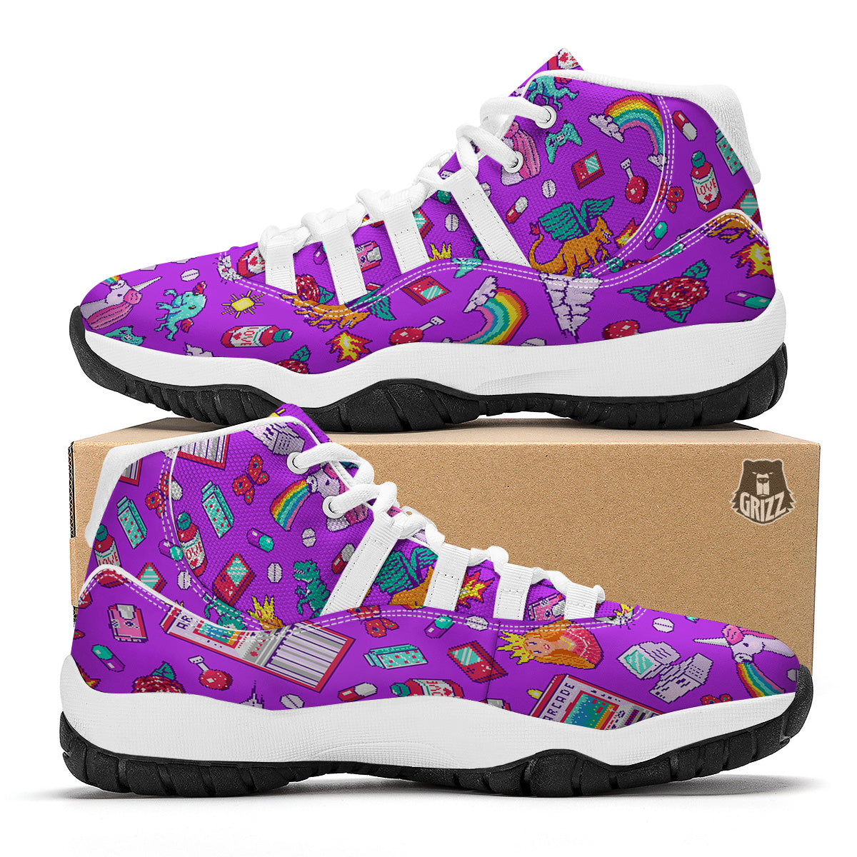 Pixel Art 8 Bit Pink Print Pattern White Bball Shoes-grizzshop