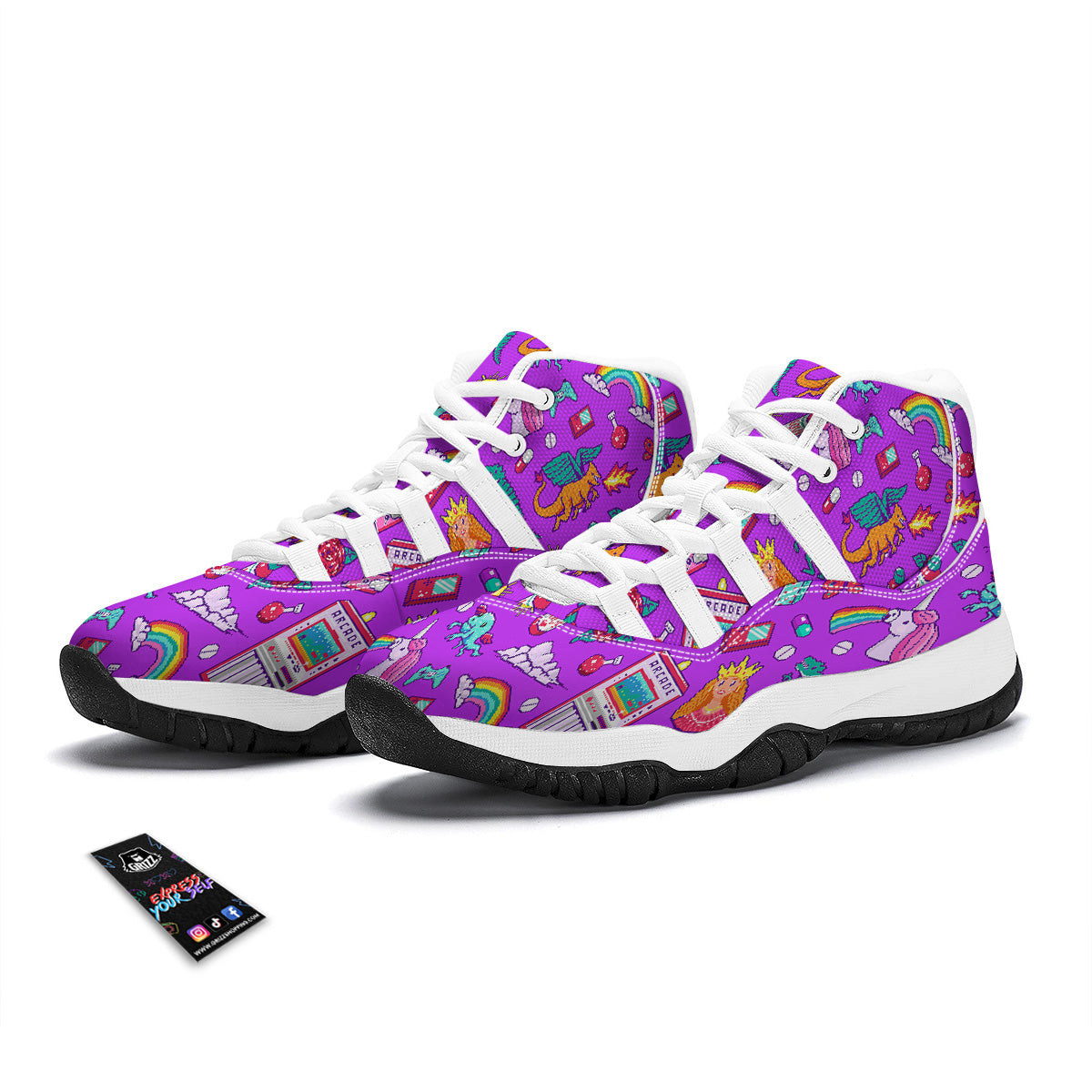 Pixel Art 8 Bit Pink Print Pattern White Bball Shoes-grizzshop