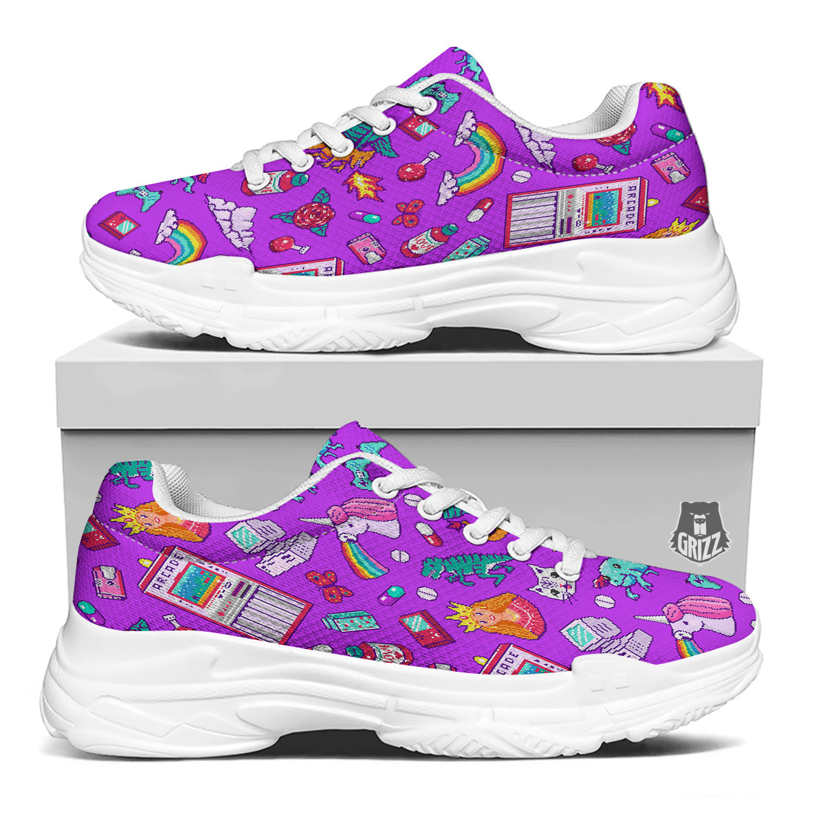 Pixel Art 8 Bit Pink Print Pattern White Chunky Shoes-grizzshop