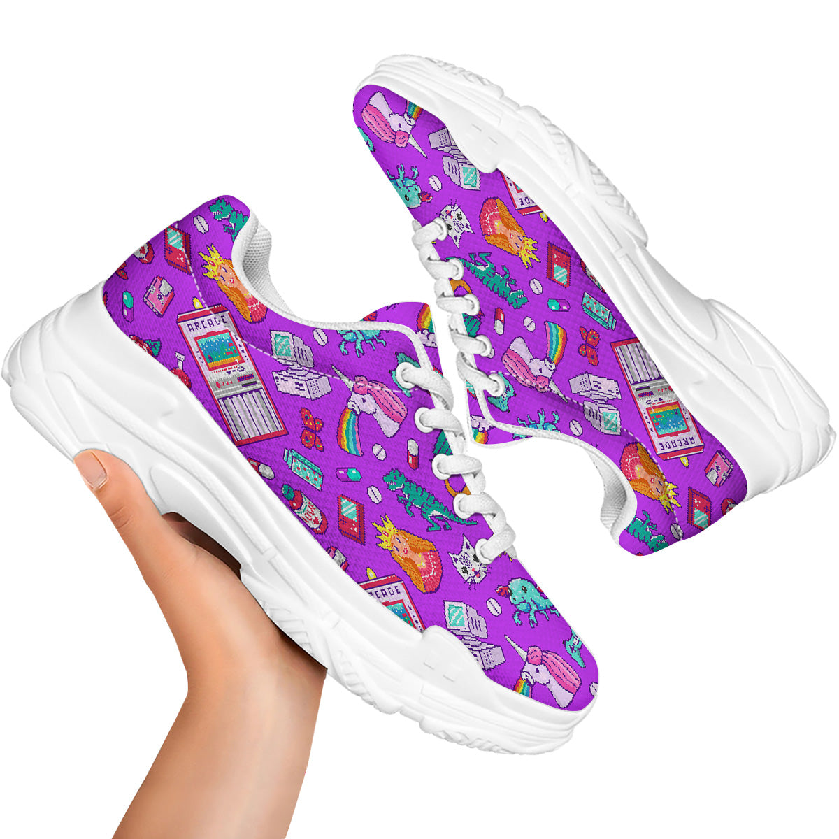 Pixel Art 8 Bit Pink Print Pattern White Chunky Shoes-grizzshop