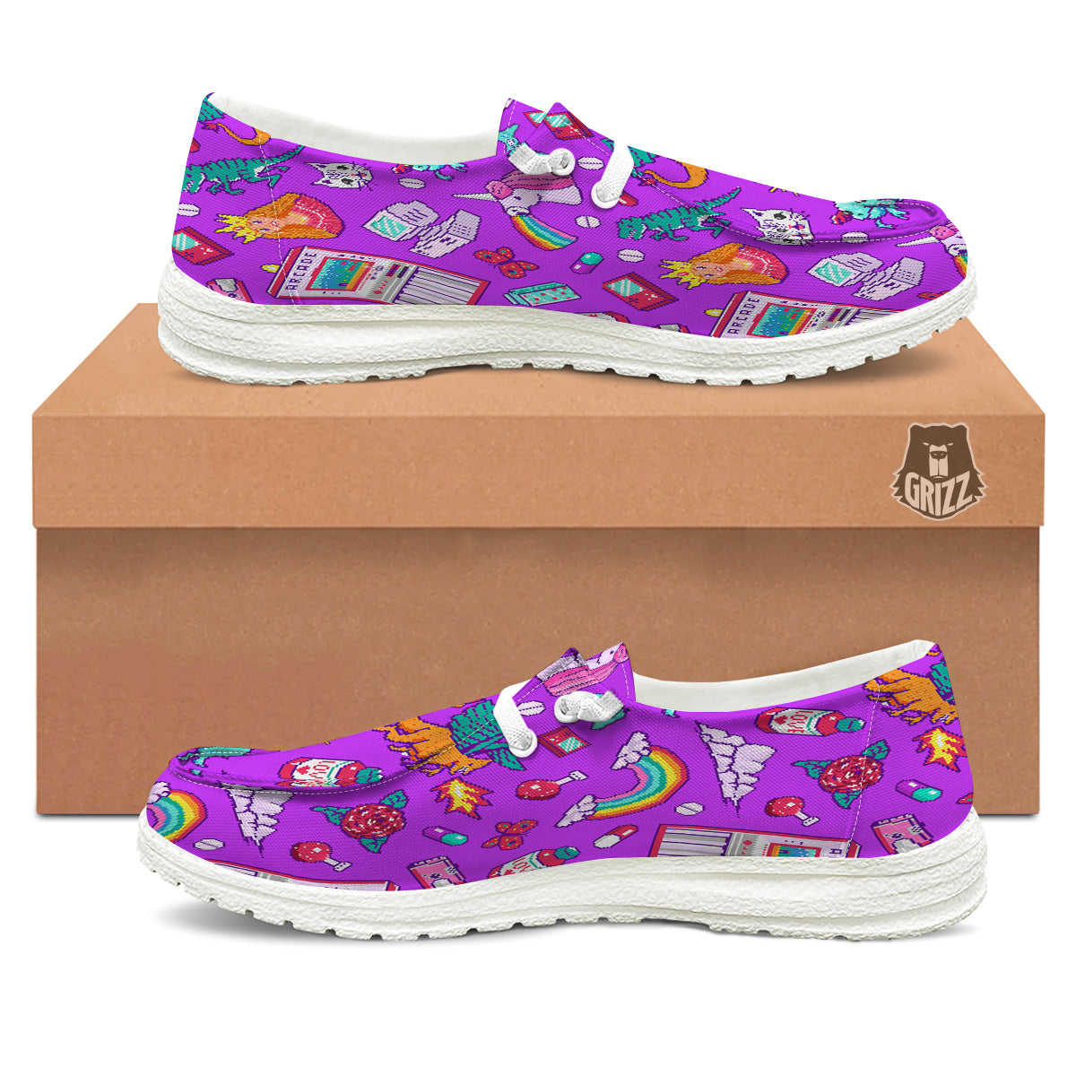 Pixel Art 8 Bit Pink Print Pattern White Loafers-grizzshop