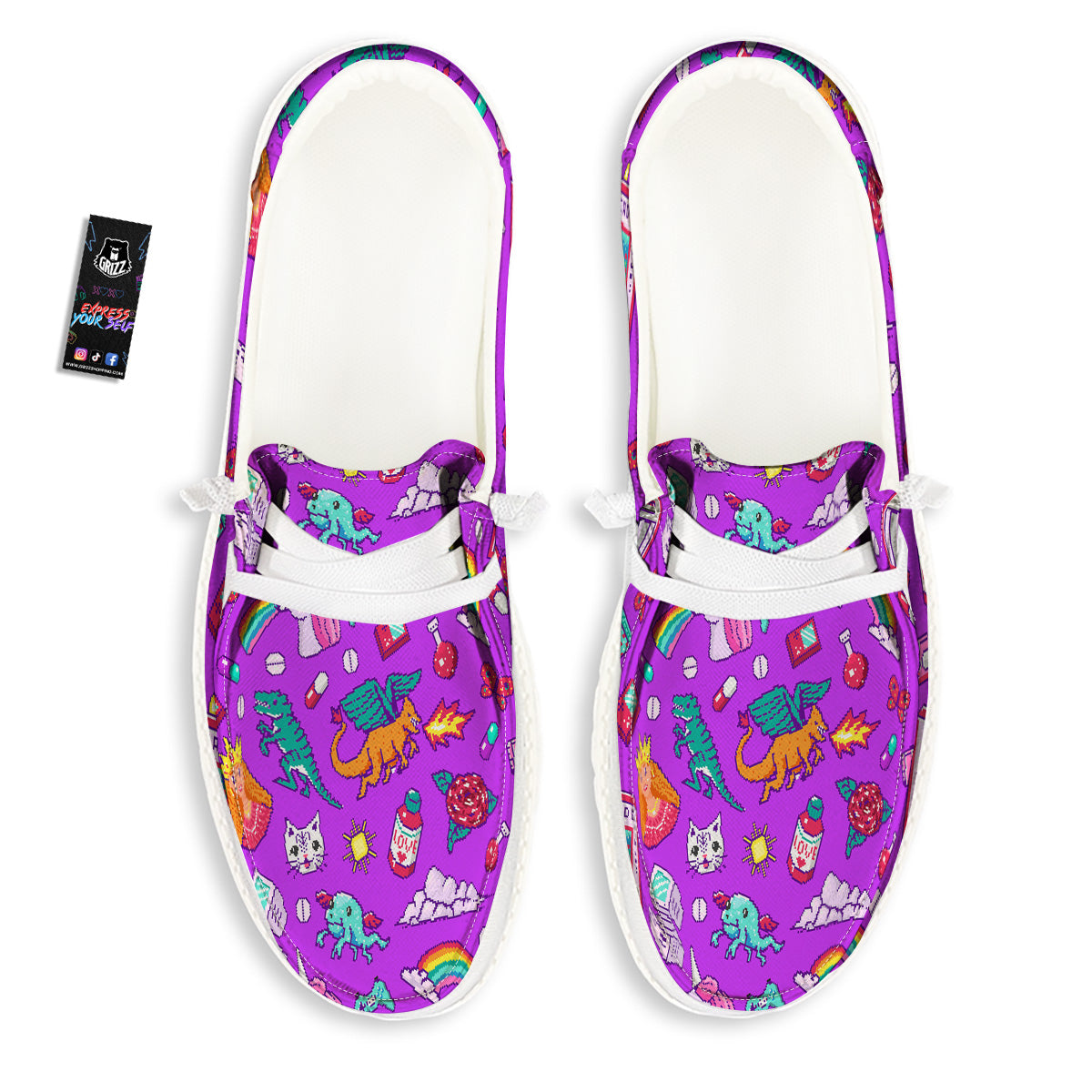 Pixel Art 8 Bit Pink Print Pattern White Loafers-grizzshop