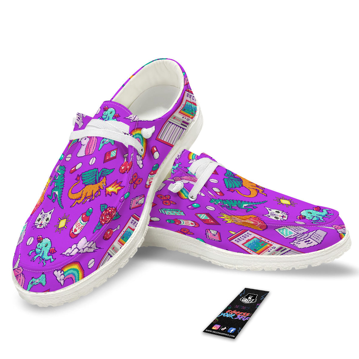Pixel Art 8 Bit Pink Print Pattern White Loafers-grizzshop