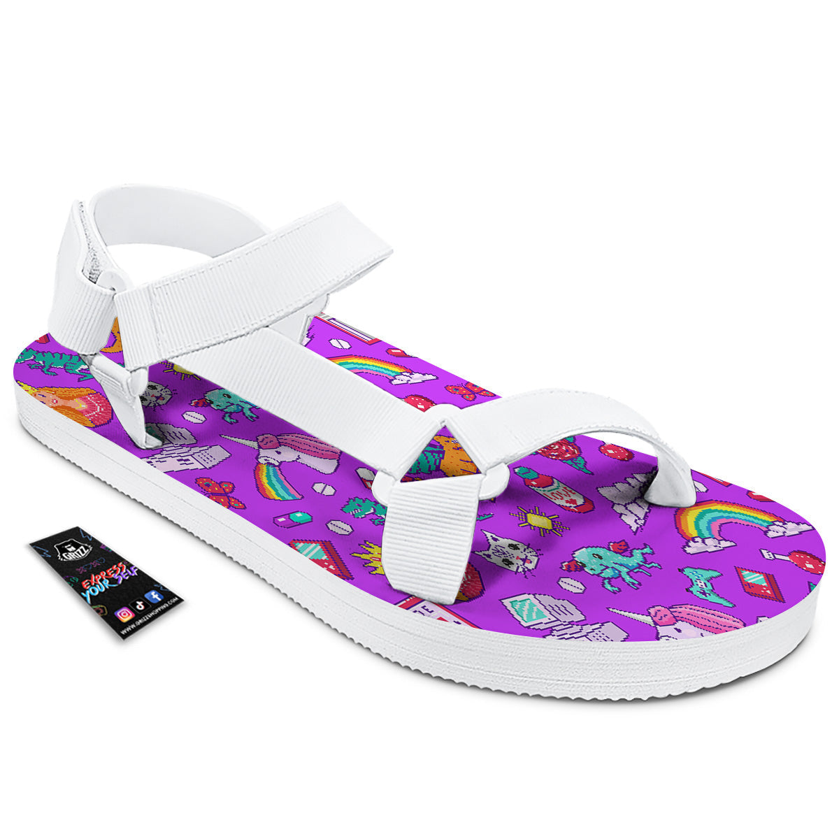 Pixel Art 8 Bit Pink Print Pattern White Open Toe Sandals-grizzshop