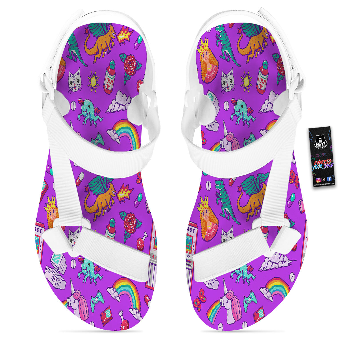Pixel Art 8 Bit Pink Print Pattern White Open Toe Sandals-grizzshop