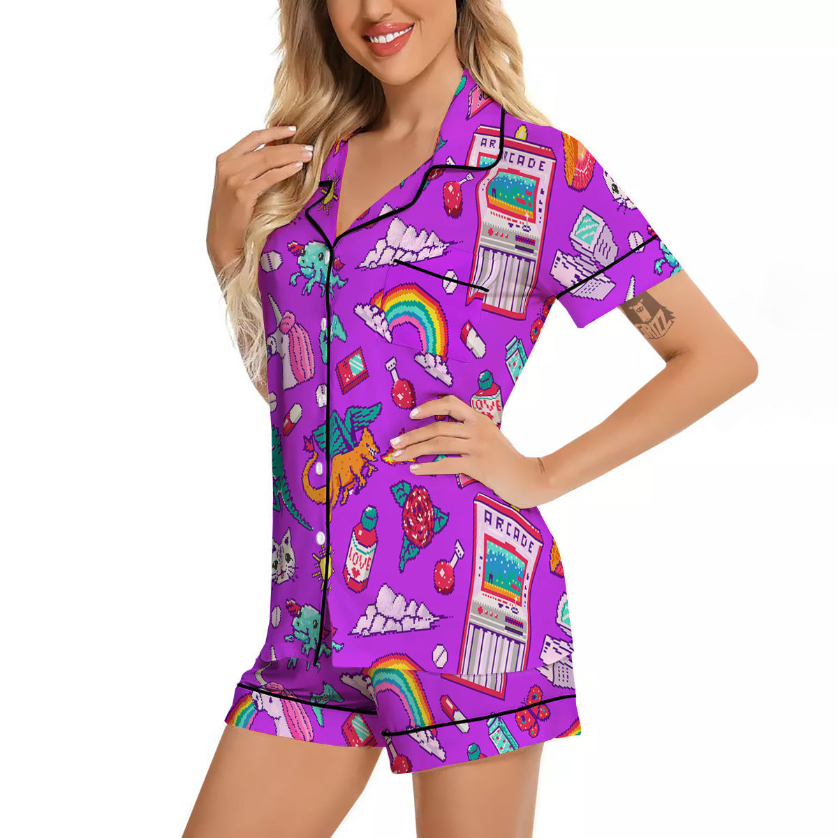 Pixel Art 8 Bit Pink Print Pattern Women Silk Pajamas-grizzshop