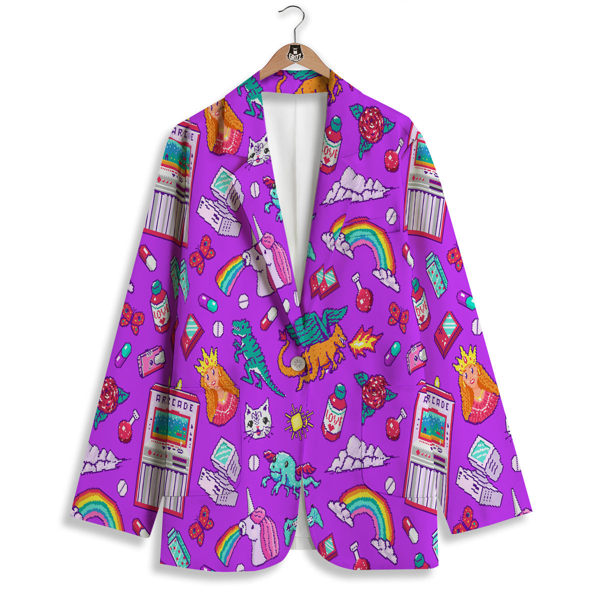 Pixel Art 8 Bit Pink Print Pattern Women's Blazer-grizzshop