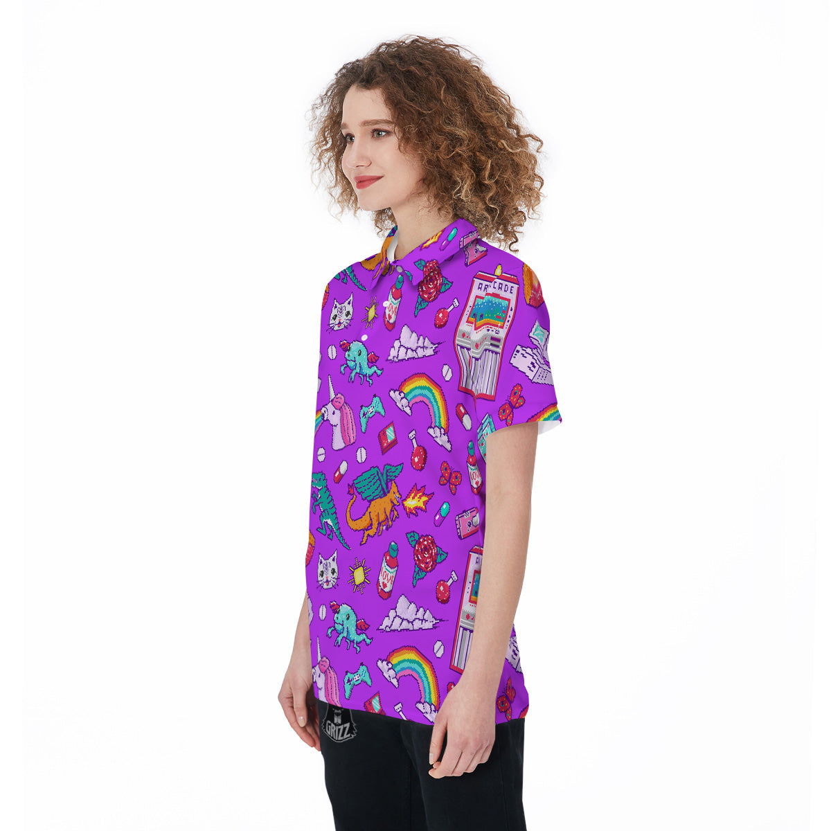 Pixel Art 8 Bit Pink Print Pattern Women's Golf Shirts-grizzshop