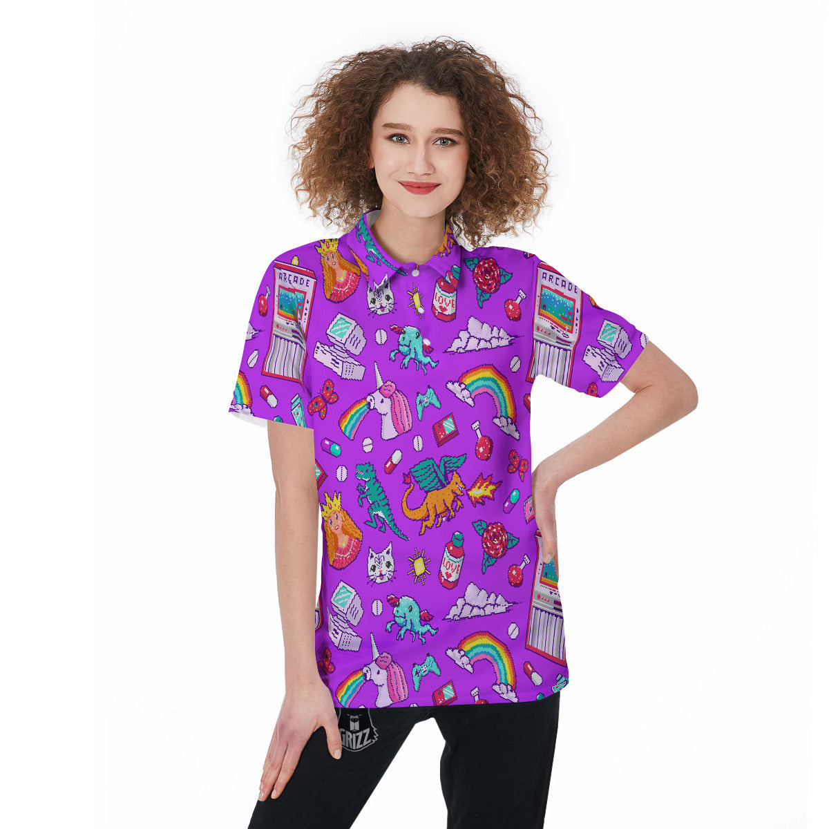 Pixel Art 8 Bit Pink Print Pattern Women's Golf Shirts-grizzshop