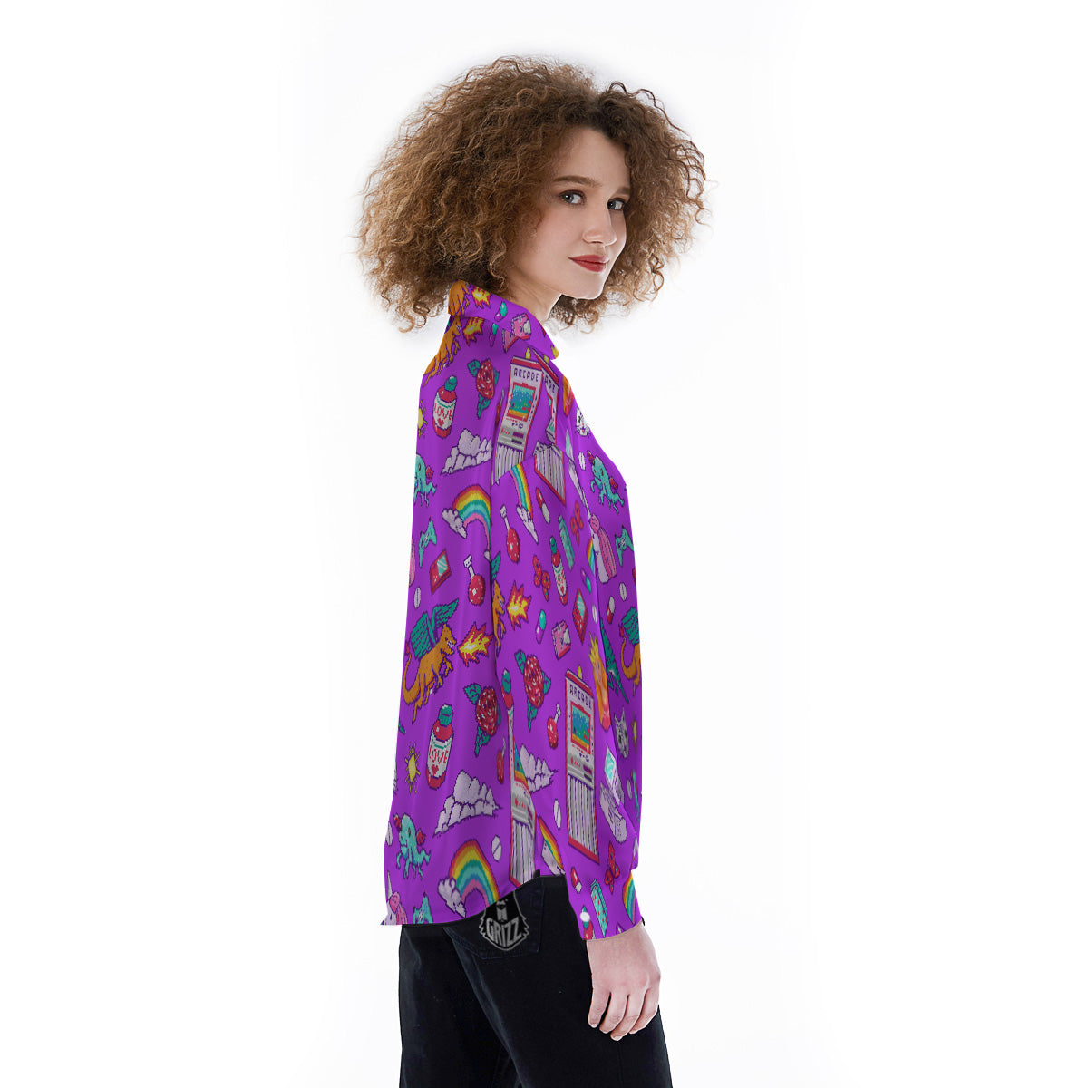 Pixel Art 8 Bit Pink Print Pattern Women's Long Sleeve Shirts-grizzshop