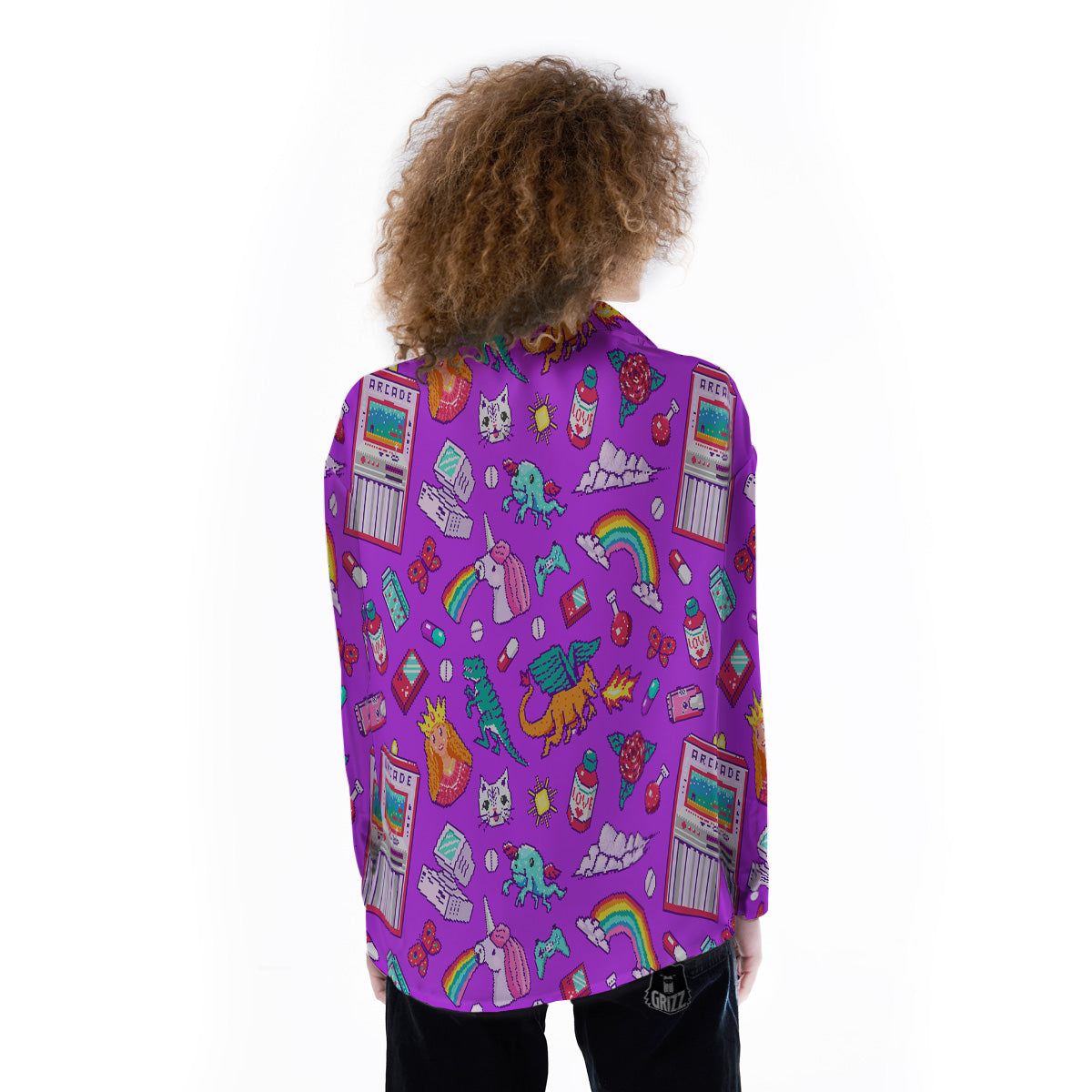 Pixel Art 8 Bit Pink Print Pattern Women's Long Sleeve Shirts-grizzshop