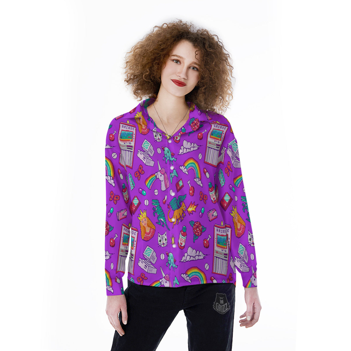 Pixel Art 8 Bit Pink Print Pattern Women's Long Sleeve Shirts-grizzshop