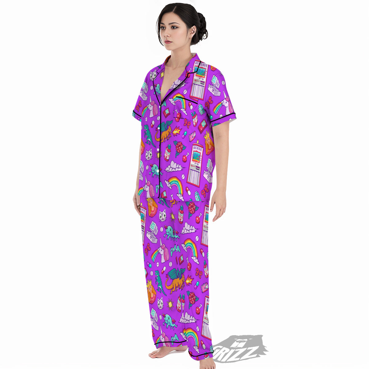 Pixel Art 8 Bit Pink Print Pattern Women's Pajamas Set-grizzshop