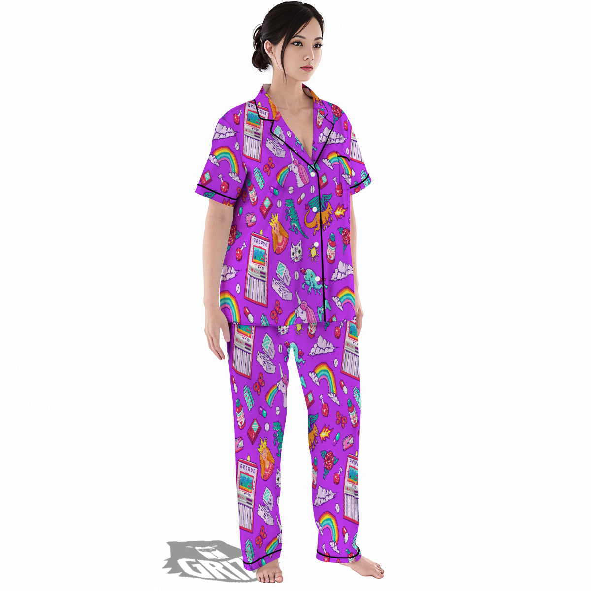 Pixel Art 8 Bit Pink Print Pattern Women's Pajamas Set-grizzshop