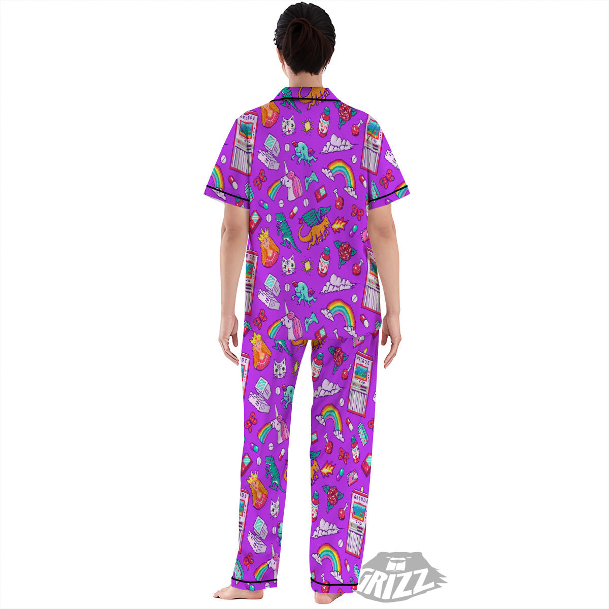 Pixel Art 8 Bit Pink Print Pattern Women's Pajamas Set-grizzshop