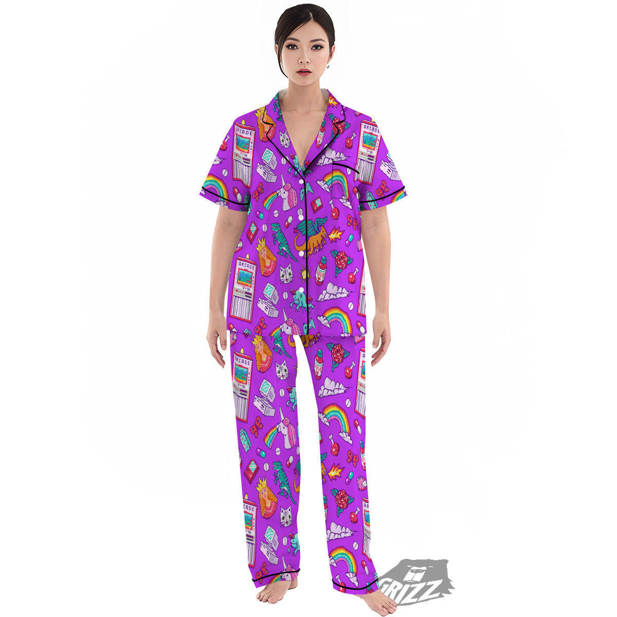 Pixel Art 8 Bit Pink Print Pattern Women's Pajamas Set-grizzshop