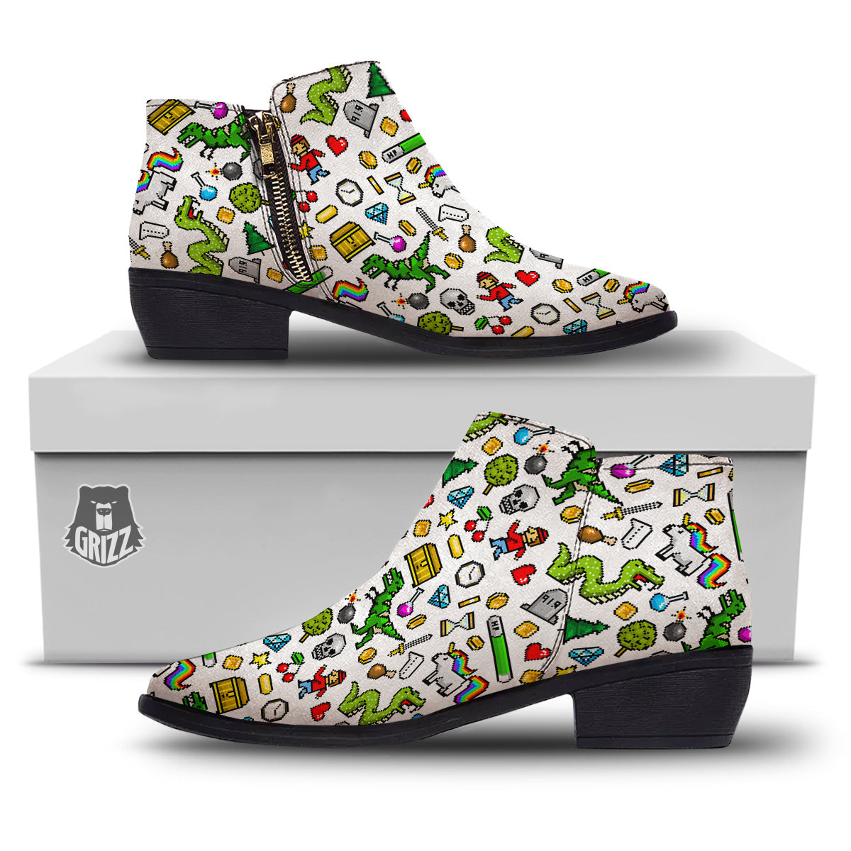 Pixel Art 8 Bit Retro Cartoon Print Pattern Ankle Boots-grizzshop
