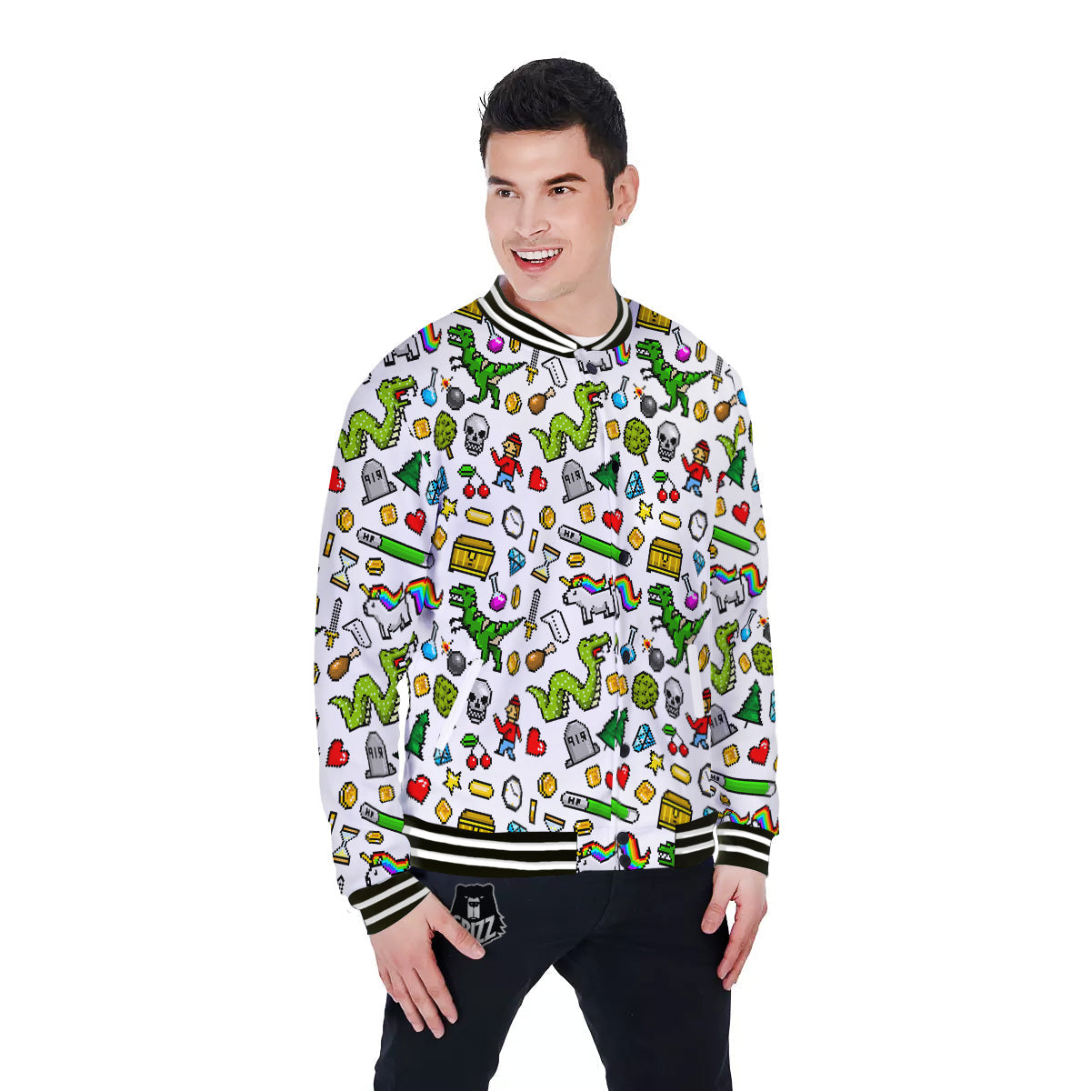 Pixel Art 8 Bit Retro Cartoon Print Pattern Baseball Jacket-grizzshop