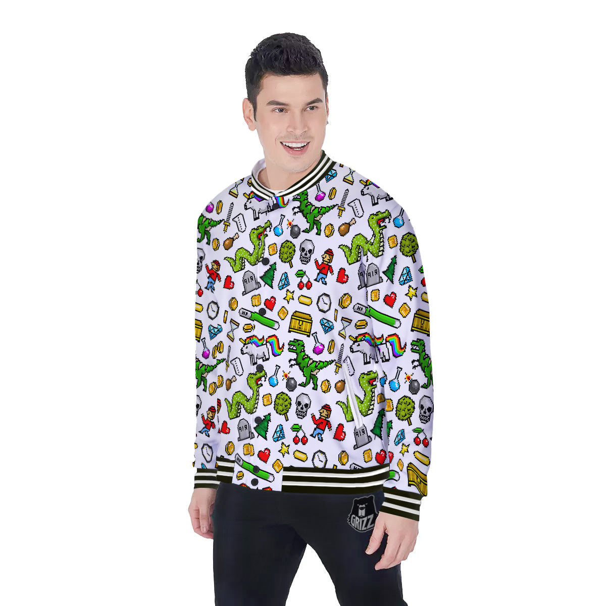 Pixel Art 8 Bit Retro Cartoon Print Pattern Baseball Jacket-grizzshop