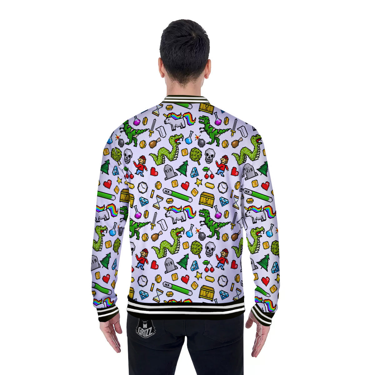 Pixel Art 8 Bit Retro Cartoon Print Pattern Baseball Jacket-grizzshop