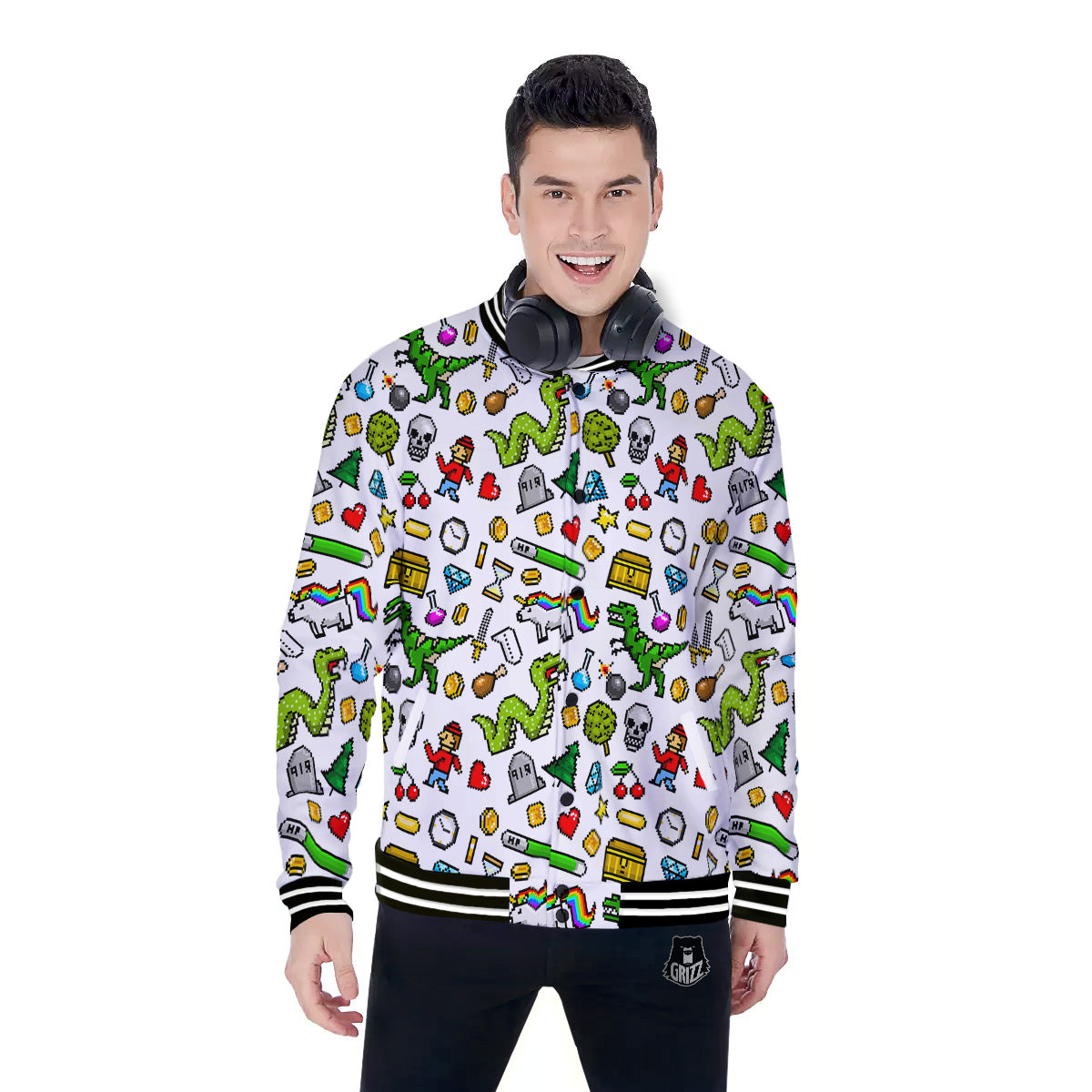 Pixel Art 8 Bit Retro Cartoon Print Pattern Baseball Jacket-grizzshop