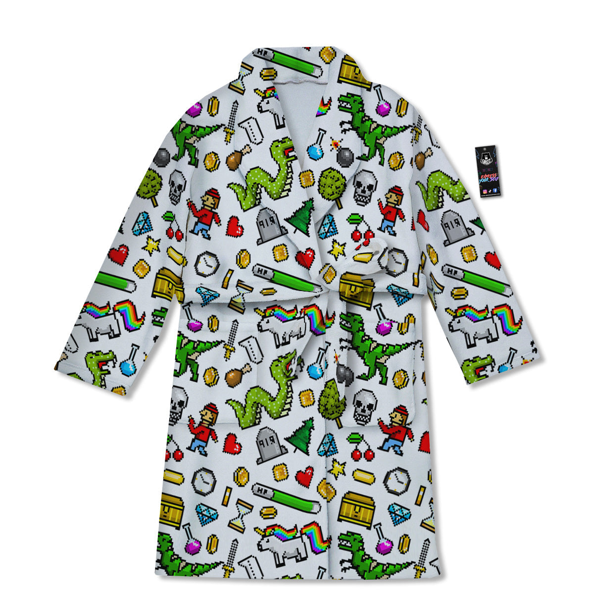 Pixel Art 8 Bit Retro Cartoon Print Pattern Bathrobe-grizzshop