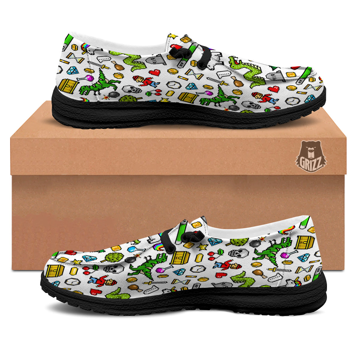 Pixel Art 8 Bit Retro Cartoon Print Pattern Black Loafers-grizzshop